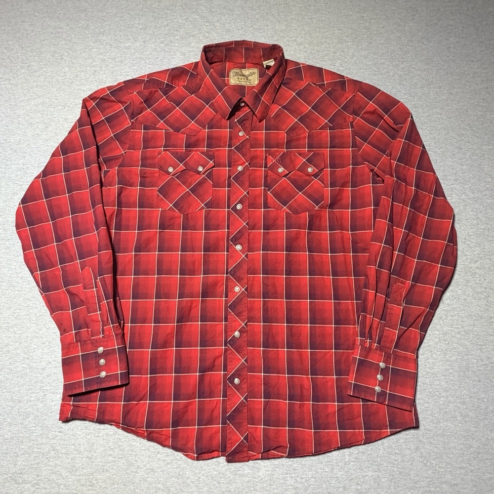 Wrangler Retro Shirt 2XLT Blue Red Western Pearl Snap Sawtooth Pocket - Mens 2XT